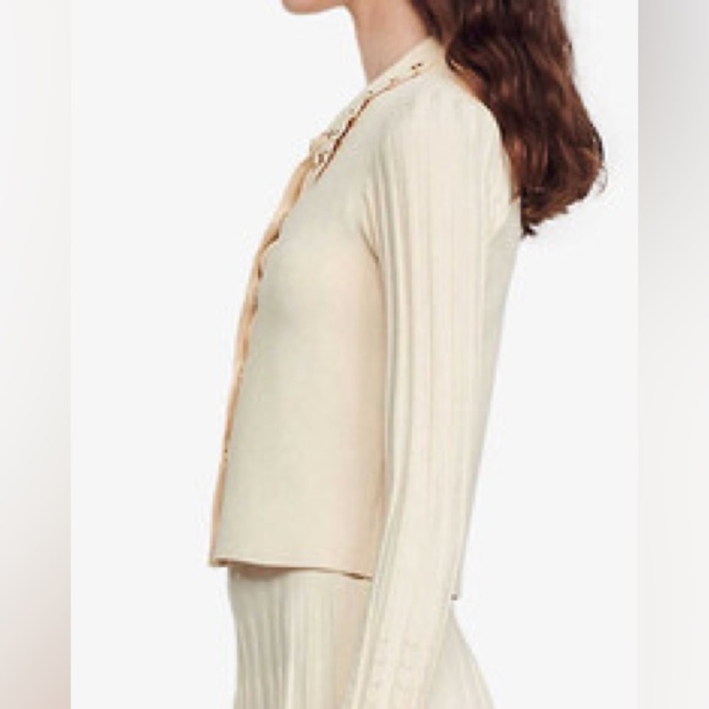 Sandro Cream Cropped Cardigan with Ribbed Sleeves - Picture 3 of 9